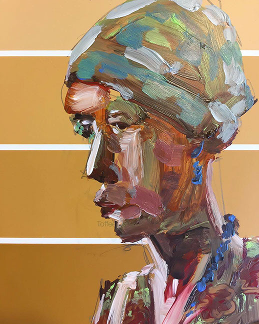 "Woman with Blue Jewelry" by Jeff Wrench, acrylic on paint chip, 4" x 5", $100