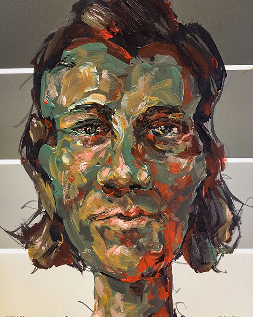 "Imaginary Face on Gray" by Jeff Wrench, acrylic on paint chip, 4" x 5", $100