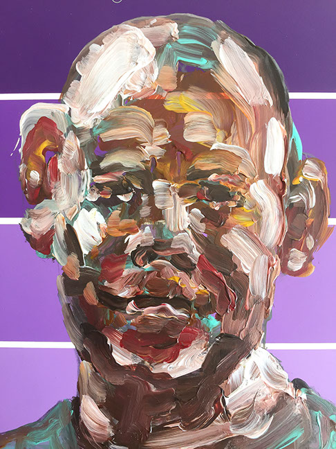 "Bald Man on Purple" by Jeff Wrench, acrylic on paint chip, 4" x 5", $100