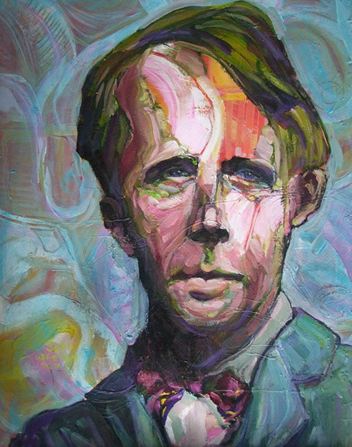 "Robert Frost in Bowtie" by Jeff Wrench, acrylic on wallpaper, 13" x 17", $340