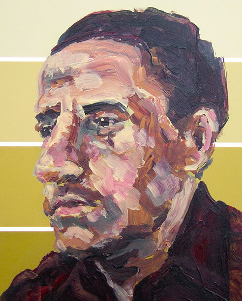 "Man on Ochre" by Jeff Wrench, acrylic on paint chip, 4" x 5", $85