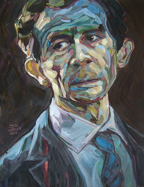 "Adam Godley" by Jeff Wrench, acrylic on wallpaper, 13" x 17", $340