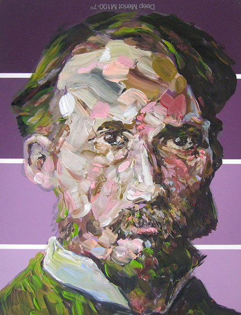 "Renoir on Purple Paint Chip" by Jeff Wrench, acrylic on paint chip, 4" x 5", $100