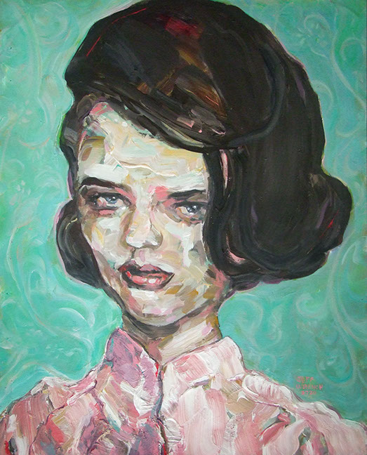 "Retro Woman in Pink on Green" by Jeff Wrench, acrylic on wallpaper, 16" x 20", $400