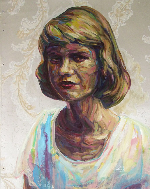 "Sylvia Plath in White" by Jeff Wrench, acrylic on wallpaper, 16" x 20", $400