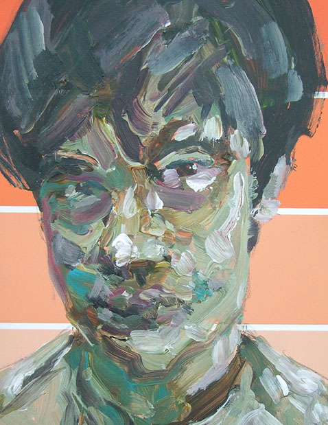 "Tristan on Orange" by Jeff Wrench, acrylic on paint chip, 4" x 5", $100