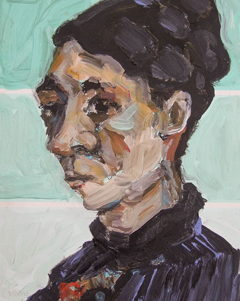 "Woman after Vincent Van Gogh" by Jeff Wrench, acrylic on paint chip, 4" x 5", $100