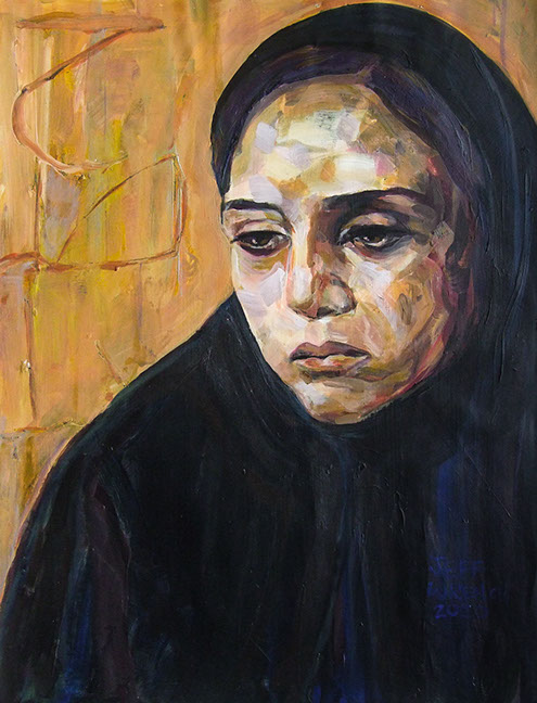 "Tristan 2" by Jeff Wrench, acrylic on wallpaper, 14" x 17", $350