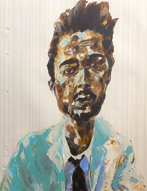 "Man in Suit 1" by Jeff Wrench, acrylic on wallpaper, 14" x 17", $340