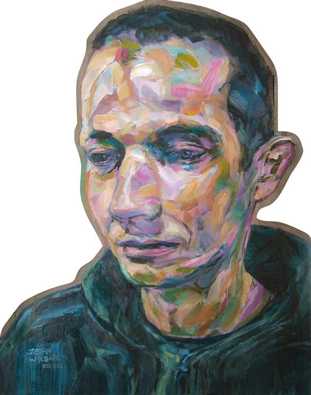 "Man in Blue Sweatshirt" (detail) by Jeff Wrench, acrylic on wallpaper, 14" x 17", $340